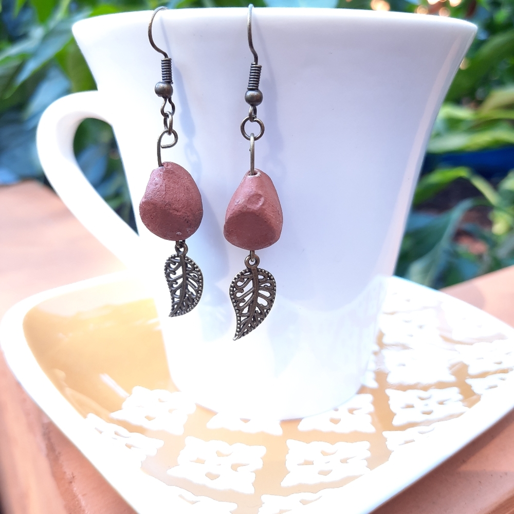 Bronze Leaf & Stone Dangle Earrings